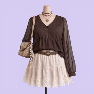 Vintage Y2K J Jill Brown 100% Silk Peasant Blouse Sheer Sleeves Women's M Boho